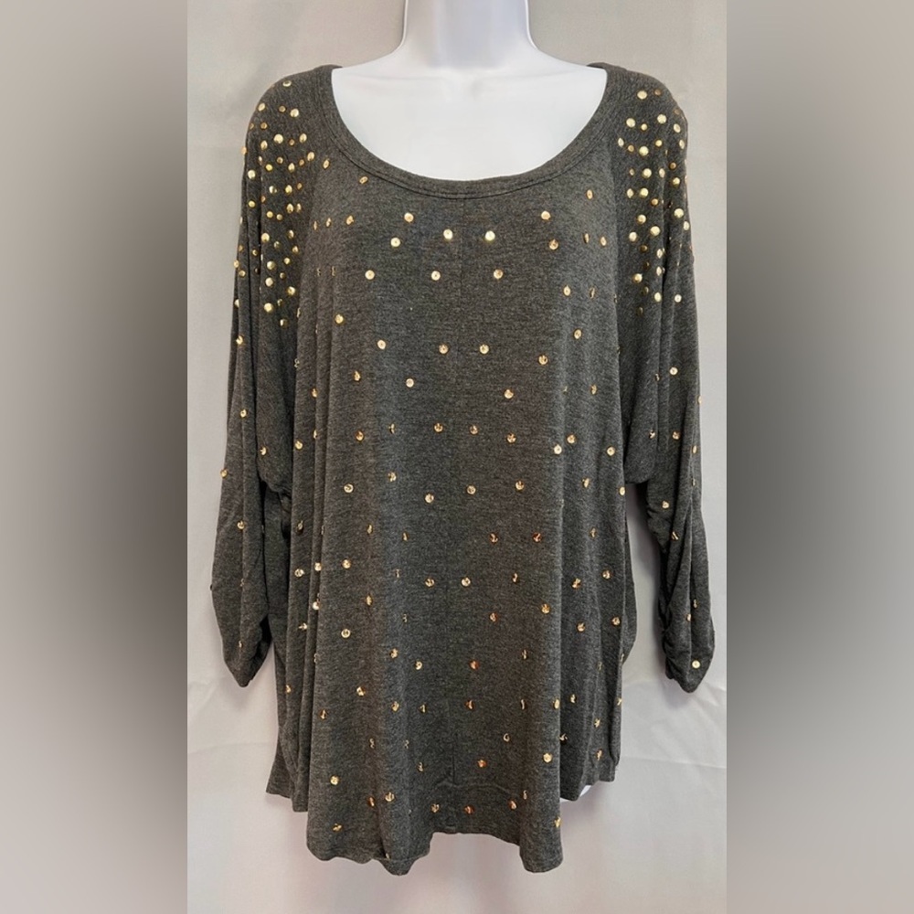 Grace Elements‎ Top Blouse Gray  Gold Sequin Sz Xl Women’s